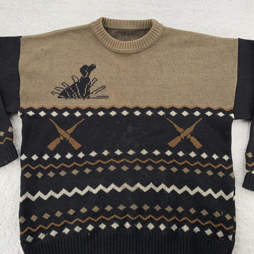 Vintage Hunting Sweater Medium Brown Black Crewneck‎ Knit Intarsia Guns 90s